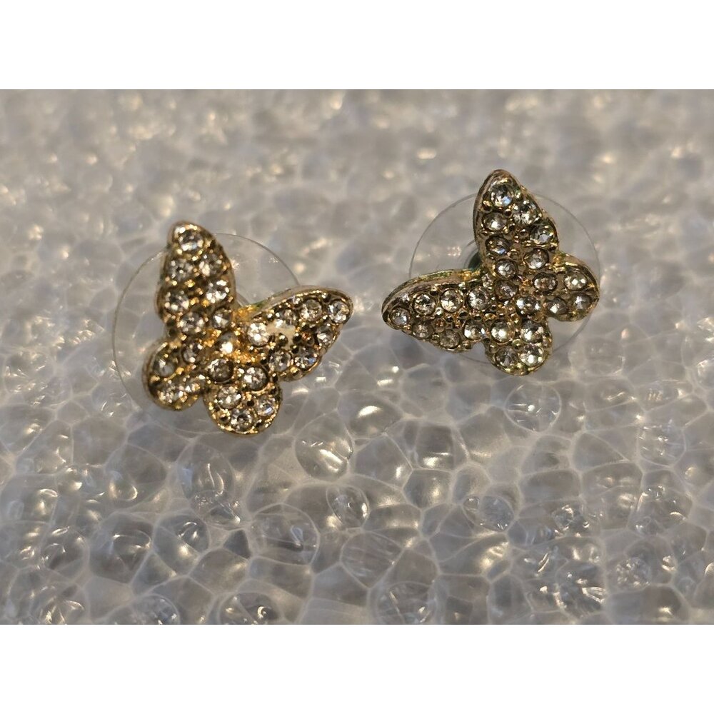 Gold Tone Butterfly Rhinestone Stud Earrings Sparkling Jewelry For Women & Teens
